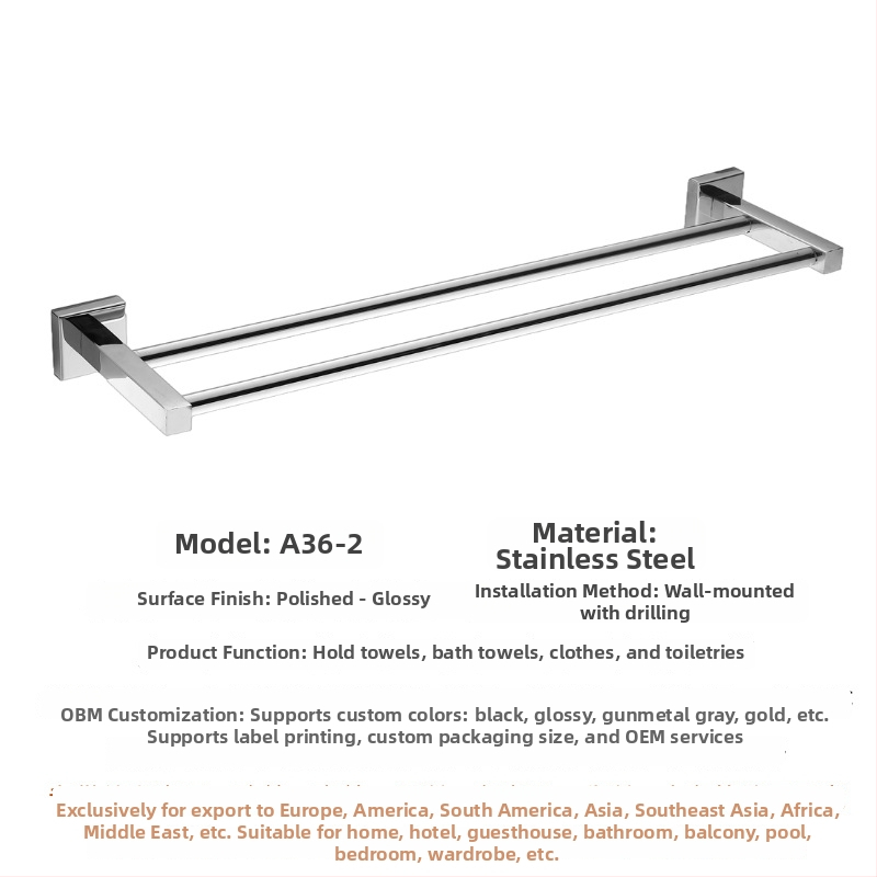304 rozsdamentes acél törölközőtartó, falra szerelhető, egylábu vagy kettős rúddal, polírozott felület, 2 rétegű tárolás