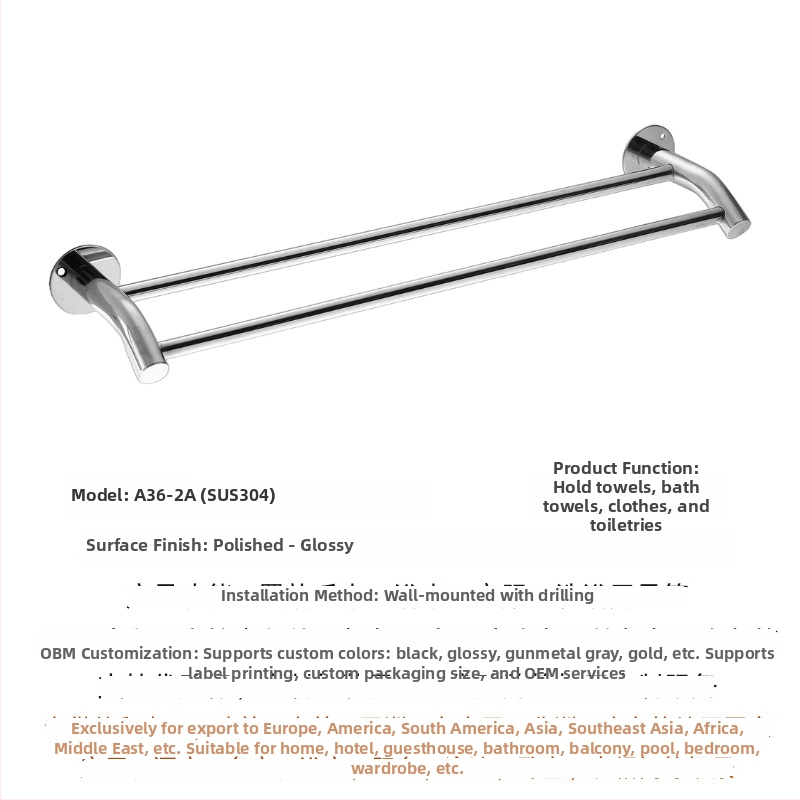 304 rozsdamentes acél törölközőtartó, falra szerelhető, egylábu vagy kettős rúddal, polírozott felület, 2 rétegű tárolás