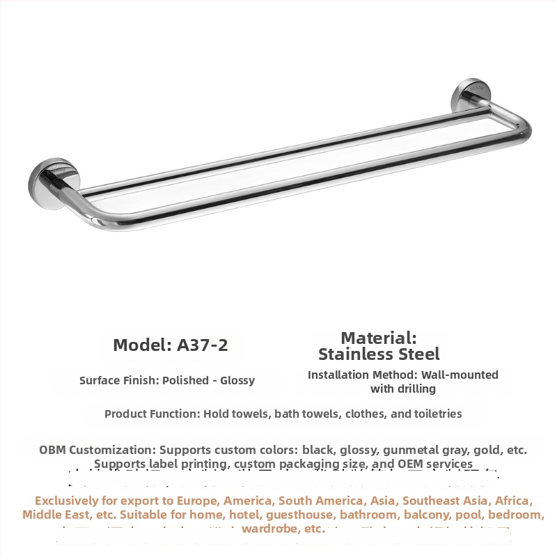 304 rozsdamentes acél törölközőtartó, falra szerelhető, egylábu vagy kettős rúddal, polírozott felület, 2 rétegű tárolás