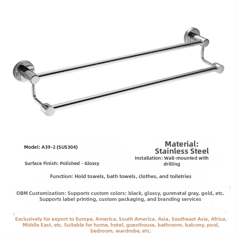 304 rozsdamentes acél törölközőtartó, falra szerelhető, egylábu vagy kettős rúddal, polírozott felület, 2 rétegű tárolás