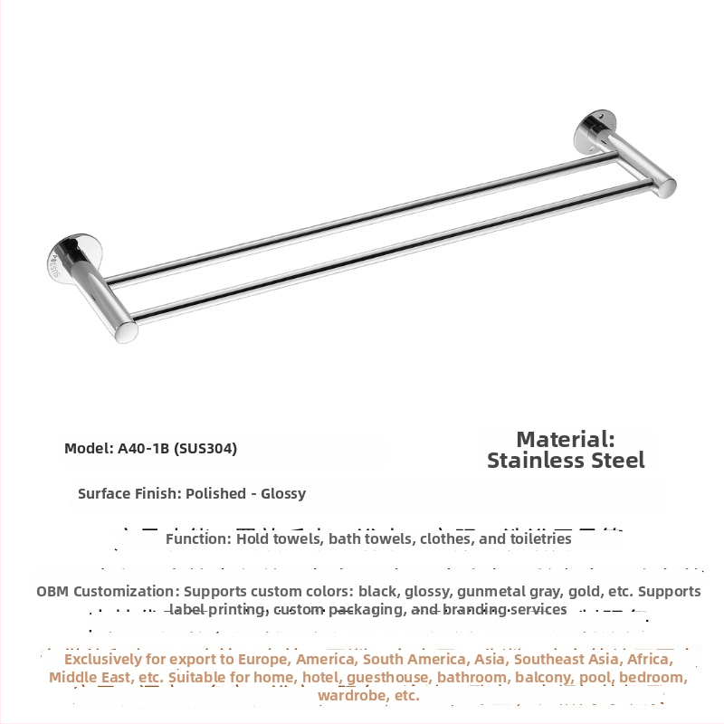 304 rozsdamentes acél törölközőtartó, falra szerelhető, egylábu vagy kettős rúddal, polírozott felület, 2 rétegű tárolás
