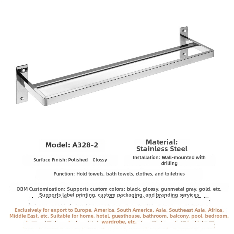 304 rozsdamentes acél törölközőtartó, falra szerelhető, egylábu vagy kettős rúddal, polírozott felület, 2 rétegű tárolás