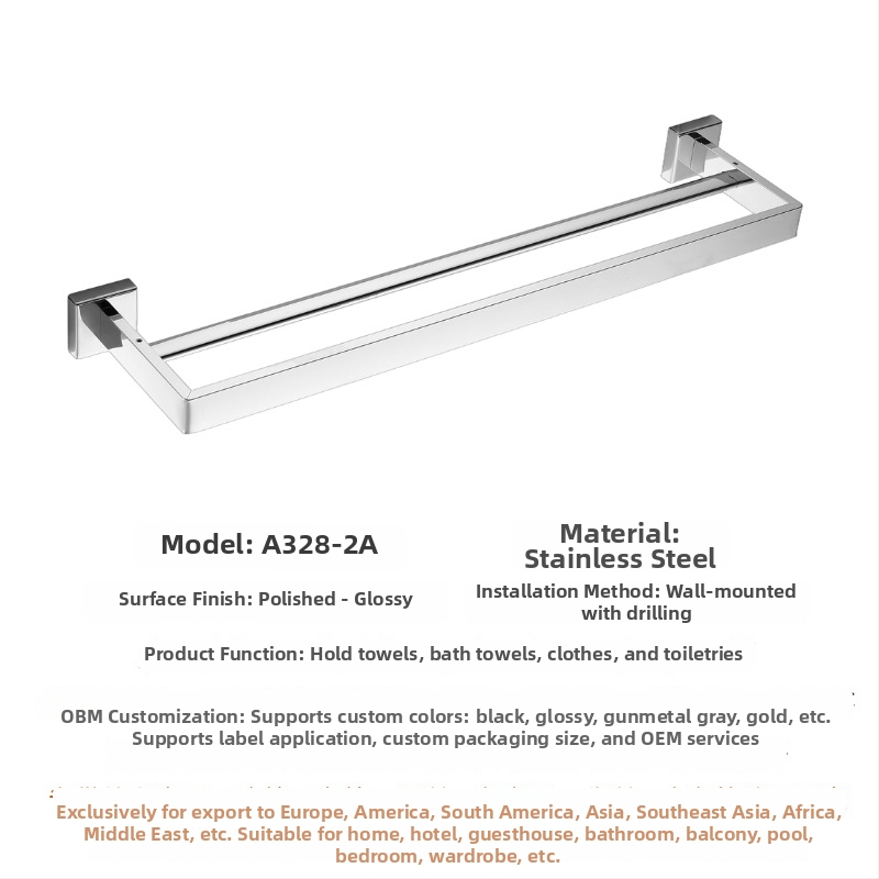 304 rozsdamentes acél törölközőtartó, falra szerelhető, egylábu vagy kettős rúddal, polírozott felület, 2 rétegű tárolás