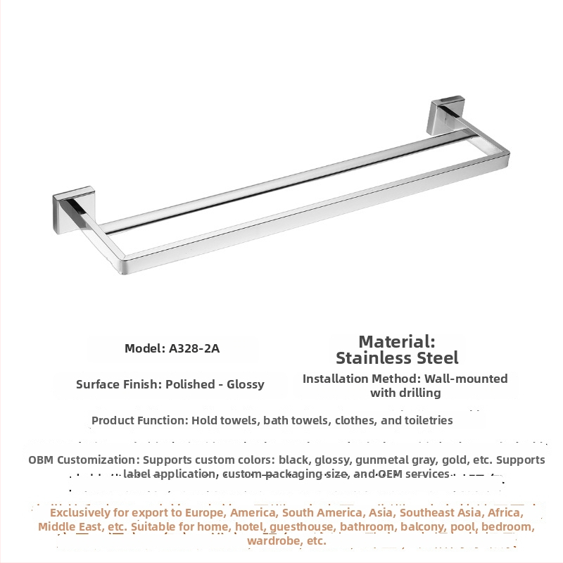 304 rozsdamentes acél törölközőtartó, falra szerelhető, egylábu vagy kettős rúddal, polírozott felület, 2 rétegű tárolás