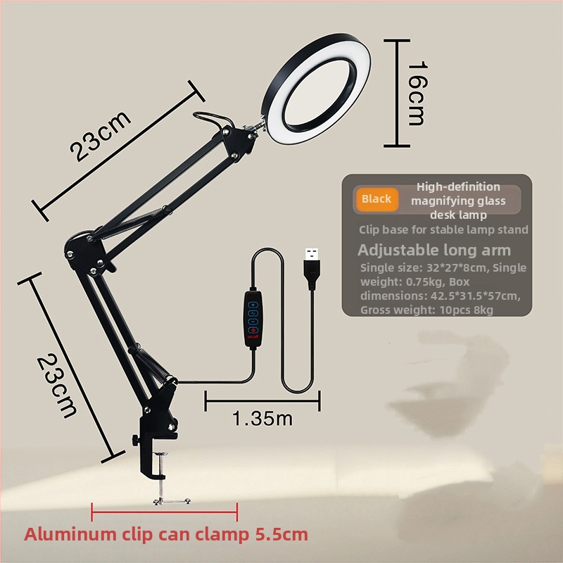 Φωτιστικό LED γραφείου με προστασία ματιών, μακρύ βραχίονας και αναδιπλούμενος μεγεθυντικός φακός, 6–10W, τροφοδοσία USB, CE πιστοποιημένο, CRI 80–89, τάση ≤36V