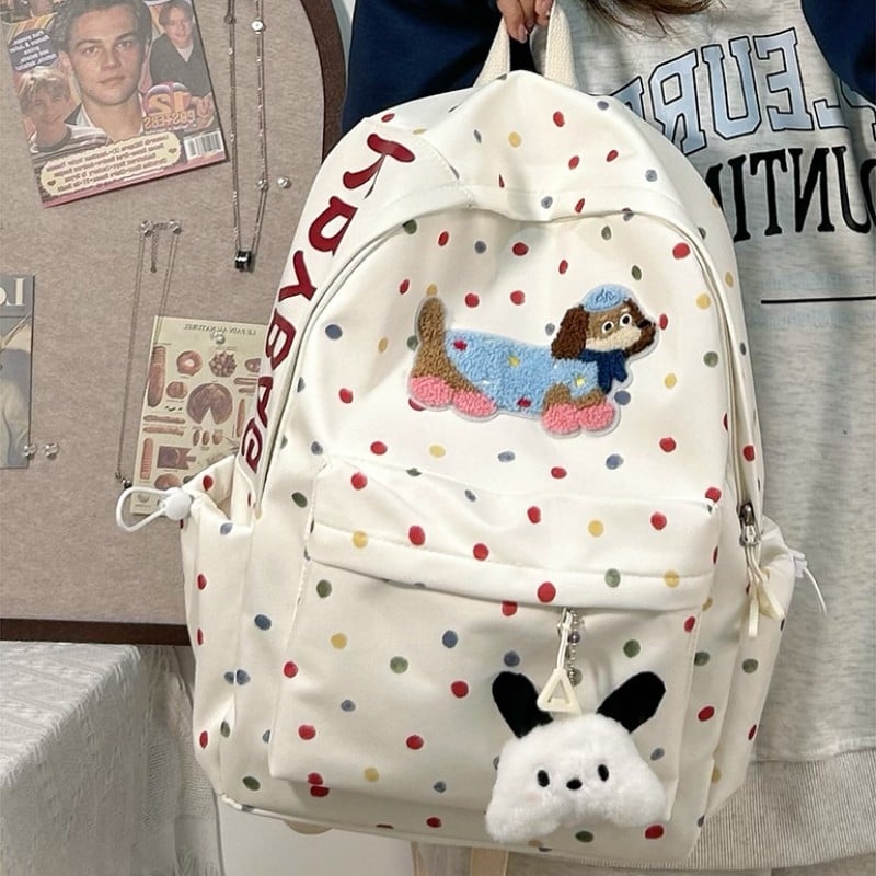 Nylonová školská taška, unisex, svieži a sladký štýl, bodkovaný vzor, podšívka z polyesteru