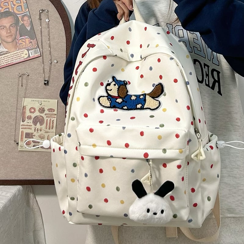 Nylonová školská taška, unisex, svieži a sladký štýl, bodkovaný vzor, podšívka z polyesteru