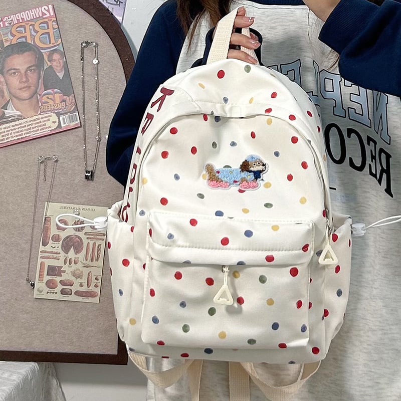 Nylonová školská taška, unisex, svieži a sladký štýl, bodkovaný vzor, podšívka z polyesteru