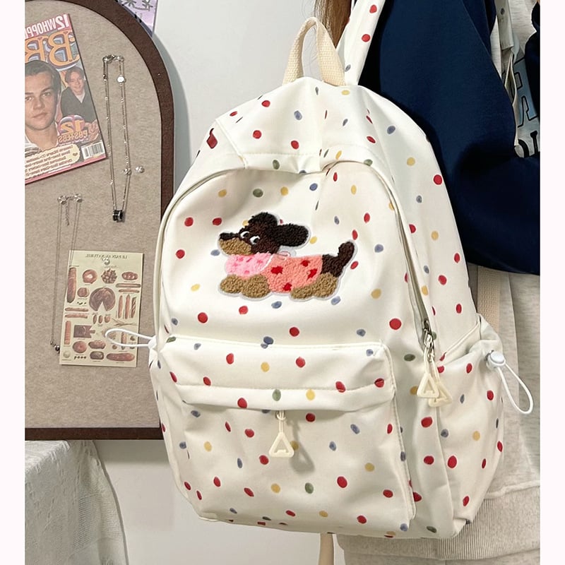 Nylonová školská taška, unisex, svieži a sladký štýl, bodkovaný vzor, podšívka z polyesteru
