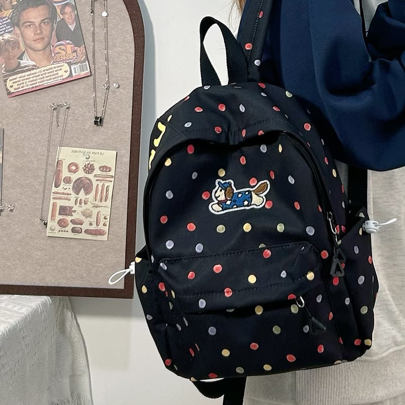 Nylonová školská taška, unisex, svieži a sladký štýl, bodkovaný vzor, podšívka z polyesteru