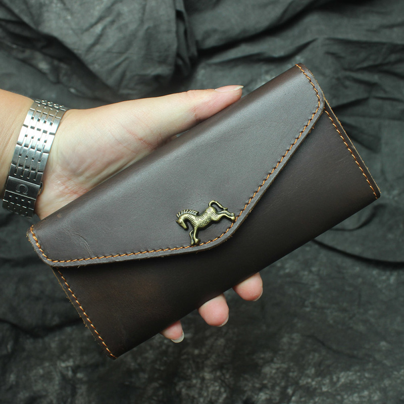 Unisex πορτοφόλι τύπου φακέλου από γνήσιο δέρμα Crazy Horse, μοντέλο LD165, μακρύς μορφή, retro σχέδιο με κλείσιμο flip