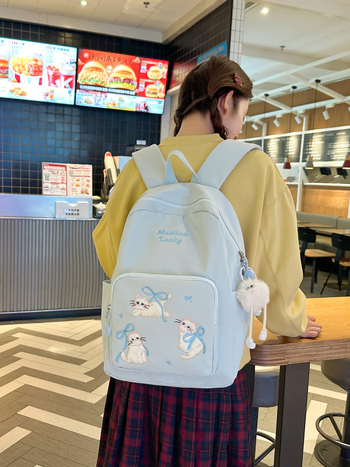 Rucsac din nylon cu motiv brodat de pisicuță, capacitate mare, extensibil cu protecție a coloanei și curele umerare curbate, pentru gimnaziu