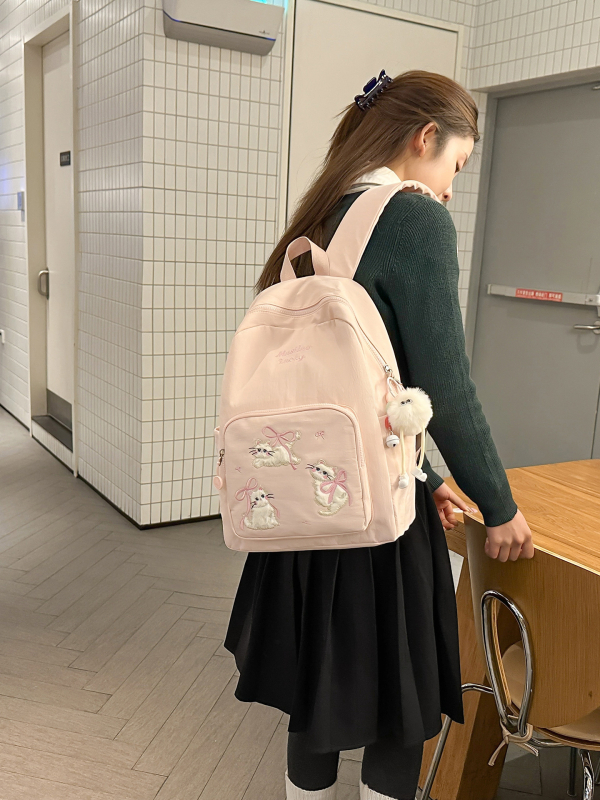 Rucsac din nylon cu motiv brodat de pisicuță, capacitate mare, extensibil cu protecție a coloanei și curele umerare curbate, pentru gimnaziu