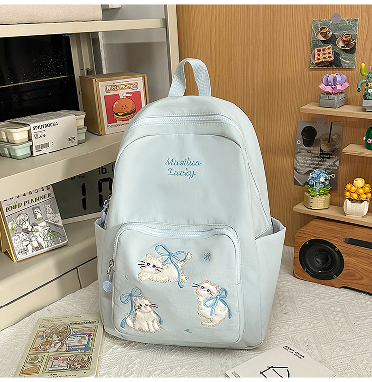 Rucsac din nylon cu motiv brodat de pisicuță, capacitate mare, extensibil cu protecție a coloanei și curele umerare curbate, pentru gimnaziu
