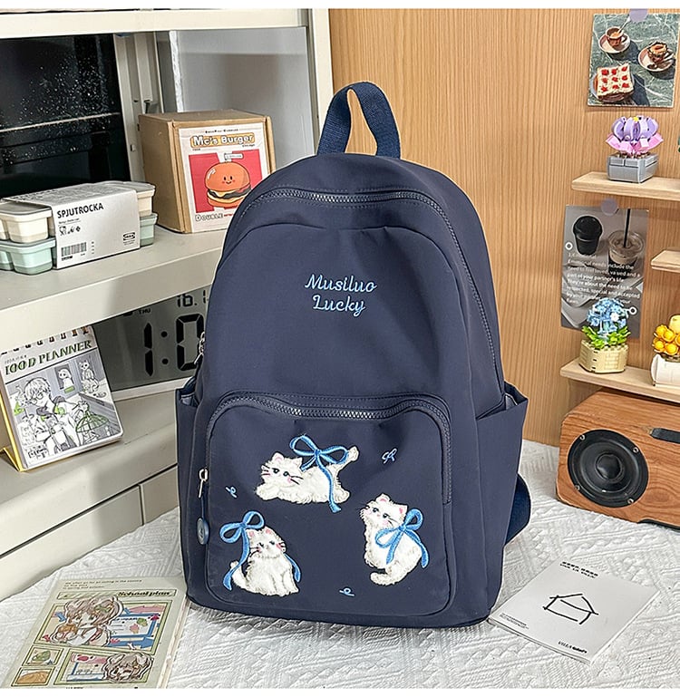 Rucsac din nylon cu motiv brodat de pisicuță, capacitate mare, extensibil cu protecție a coloanei și curele umerare curbate, pentru gimnaziu