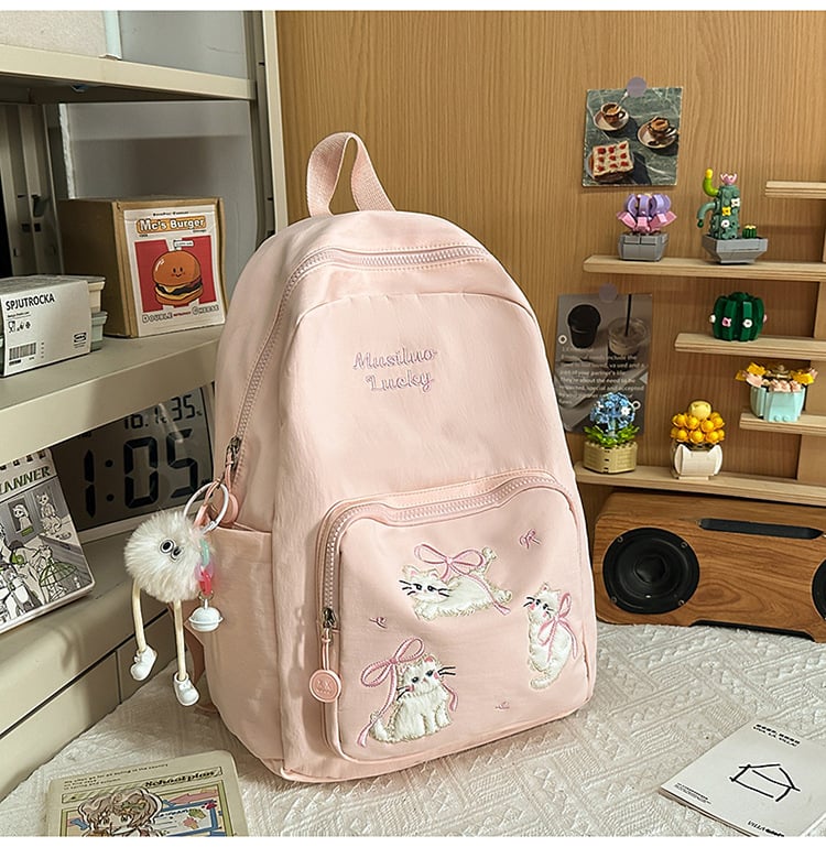Rucsac din nylon cu motiv brodat de pisicuță, capacitate mare, extensibil cu protecție a coloanei și curele umerare curbate, pentru gimnaziu
