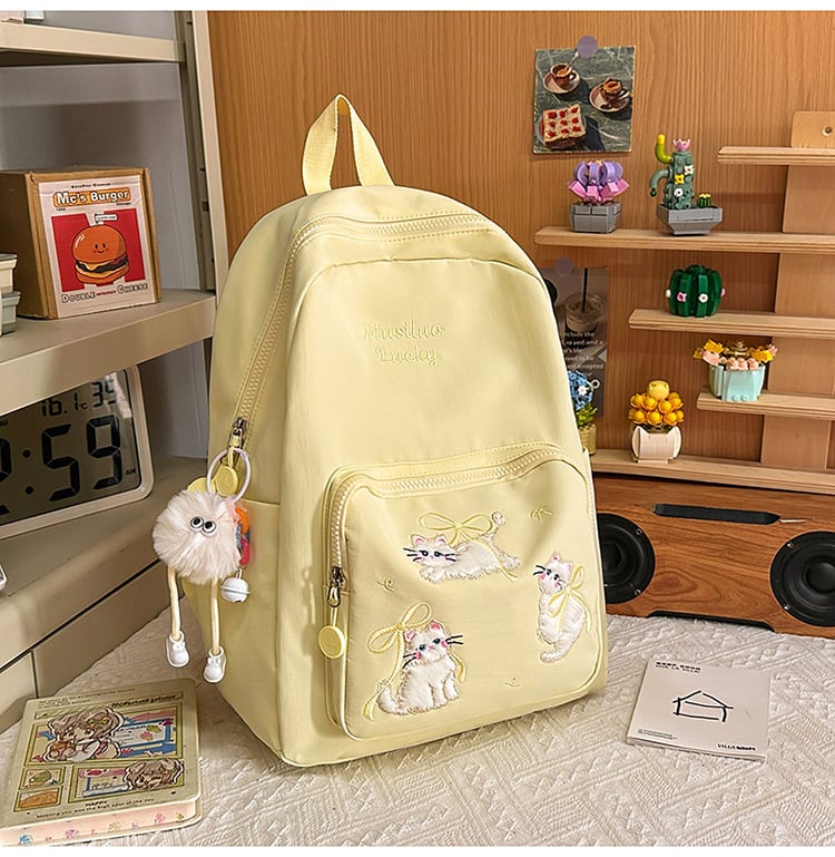 Rucsac din nylon cu motiv brodat de pisicuță, capacitate mare, extensibil cu protecție a coloanei și curele umerare curbate, pentru gimnaziu