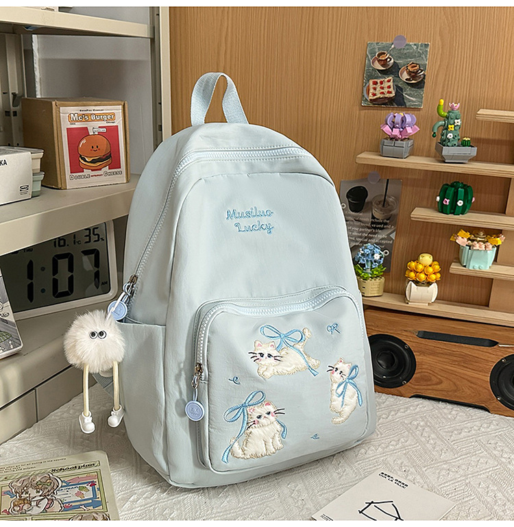 Rucsac din nylon cu motiv brodat de pisicuță, capacitate mare, extensibil cu protecție a coloanei și curele umerare curbate, pentru gimnaziu