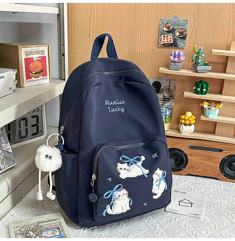 Rucsac din nylon cu motiv brodat de pisicuță, capacitate mare, extensibil cu protecție a coloanei și curele umerare curbate, pentru gimnaziu