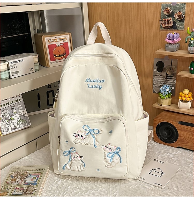 Rucsac din nylon cu motiv brodat de pisicuță, capacitate mare, extensibil cu protecție a coloanei și curele umerare curbate, pentru gimnaziu
