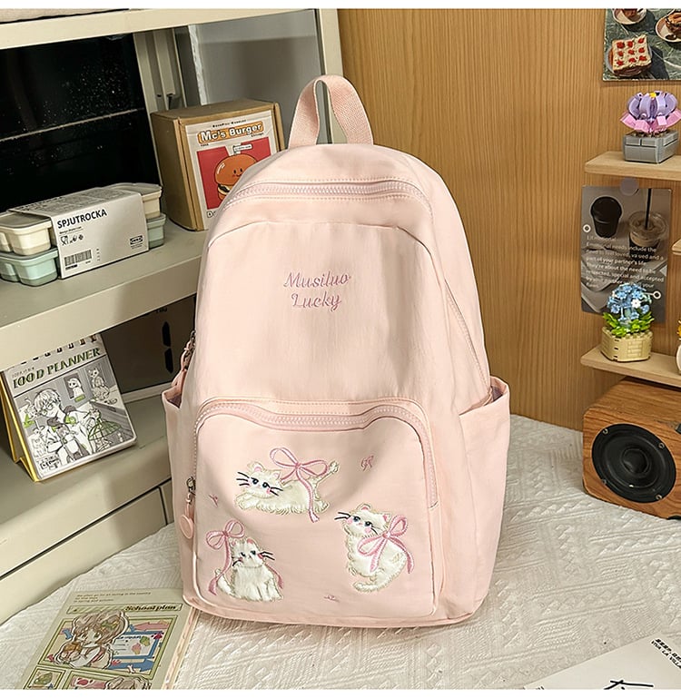 Rucsac din nylon cu motiv brodat de pisicuță, capacitate mare, extensibil cu protecție a coloanei și curele umerare curbate, pentru gimnaziu