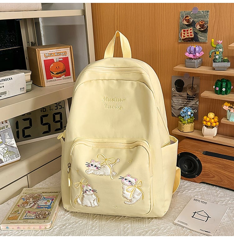 Rucsac din nylon cu motiv brodat de pisicuță, capacitate mare, extensibil cu protecție a coloanei și curele umerare curbate, pentru gimnaziu