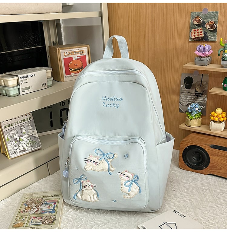Rucsac din nylon cu motiv brodat de pisicuță, capacitate mare, extensibil cu protecție a coloanei și curele umerare curbate, pentru gimnaziu