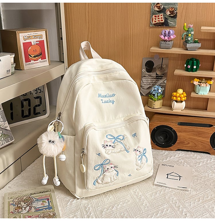 Rucsac din nylon cu motiv brodat de pisicuță, capacitate mare, extensibil cu protecție a coloanei și curele umerare curbate, pentru gimnaziu