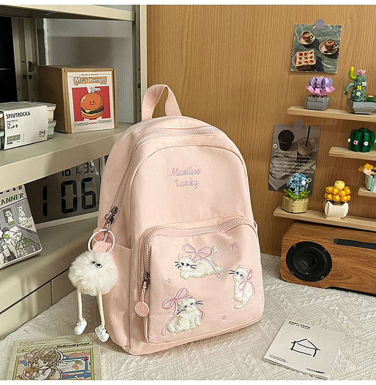 Rucsac din nylon cu motiv brodat de pisicuță, capacitate mare, extensibil cu protecție a coloanei și curele umerare curbate, pentru gimnaziu