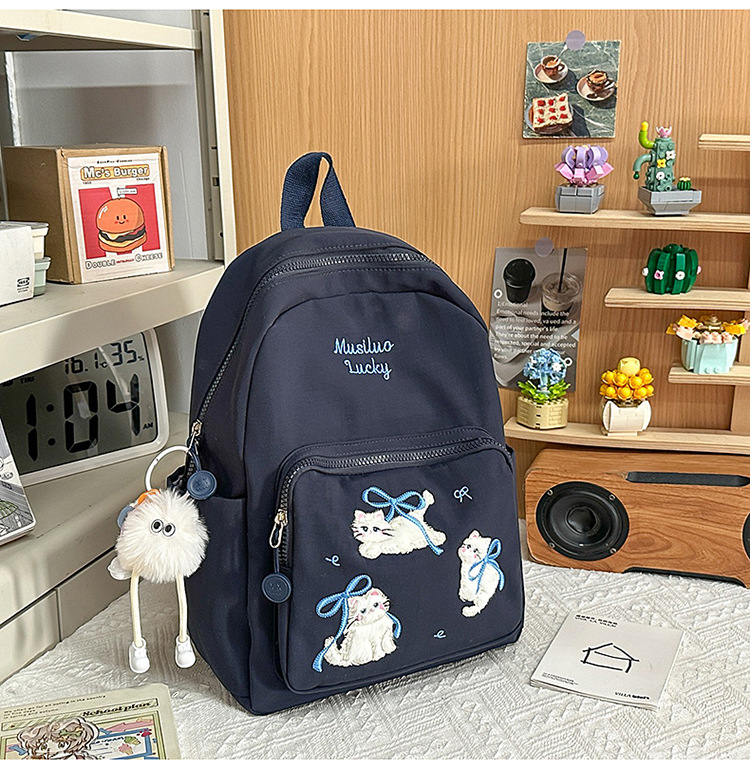 Rucsac din nylon cu motiv brodat de pisicuță, capacitate mare, extensibil cu protecție a coloanei și curele umerare curbate, pentru gimnaziu