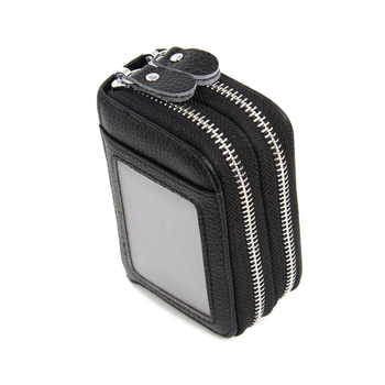 Valódi bőr kártyatartó RFID védelemmel, nagy kapacitású, dupla cipzáras pénztárca