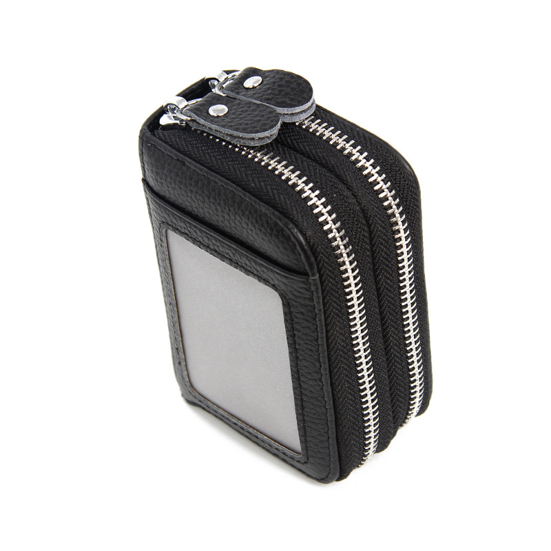 Valódi bőr kártyatartó RFID védelemmel, nagy kapacitású, dupla cipzáras pénztárca