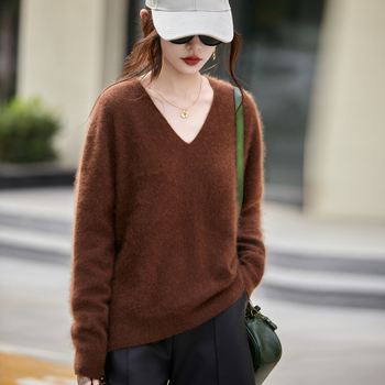 Kapucnis kötött pulóver, laza szabás, gyapjú-kasmír keverék, hosszú ujjú, V-nyakú