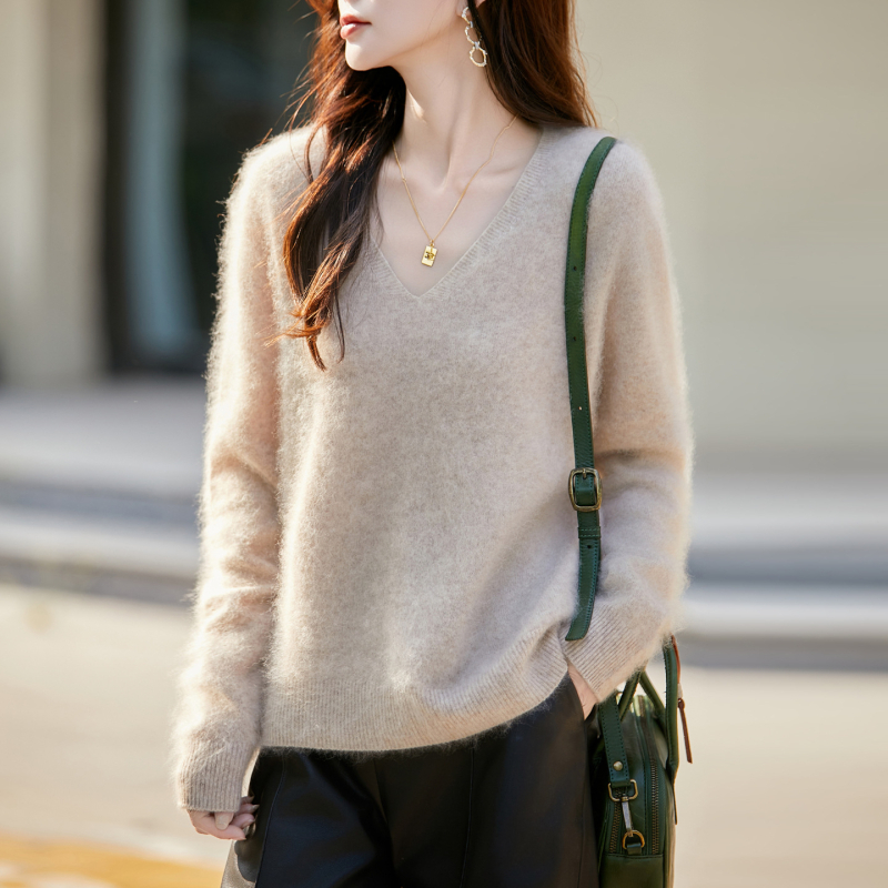 Kapucnis kötött pulóver, laza szabás, gyapjú-kasmír keverék, hosszú ujjú, V-nyakú