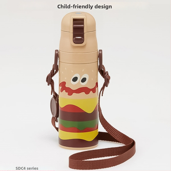 Termos pentru băuturi în stil desen animat, din oțel inoxidabil 304, cu șnur de purtare și blocare, formă dreaptă, izolație 6–12 ore, capac de băut direct