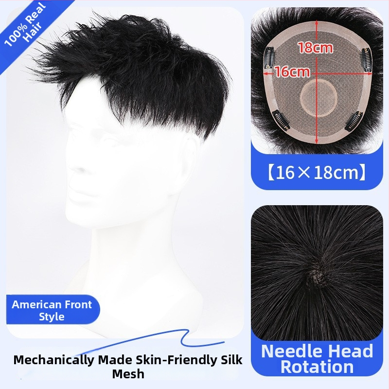 Férfi paróka valódi hajból – Amerikai stílusú elülső hajrész, rövid hossz, természetes megjelenés, mechanikus kivitel