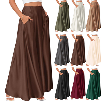 Saténová dlhá sukňa s A-línou, bez vrások, jednobarevný vzor, elegantný štýl, Zima 2025