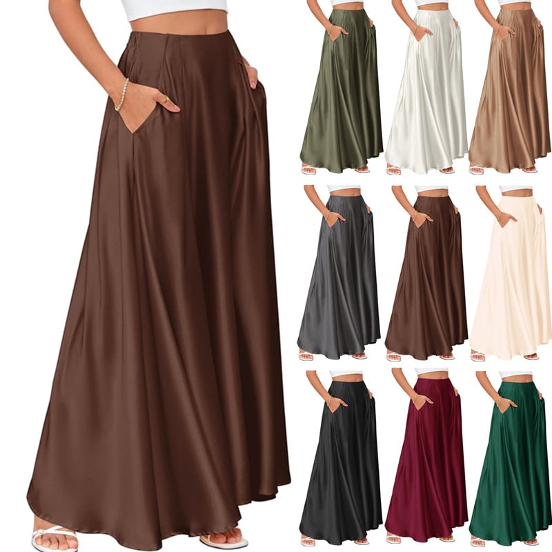 Saténová dlhá sukňa s A-línou, bez vrások, jednobarevný vzor, elegantný štýl, Zima 2025