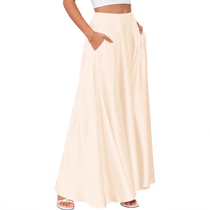 Saténová dlhá sukňa s A-línou, bez vrások, jednobarevný vzor, elegantný štýl, Zima 2025