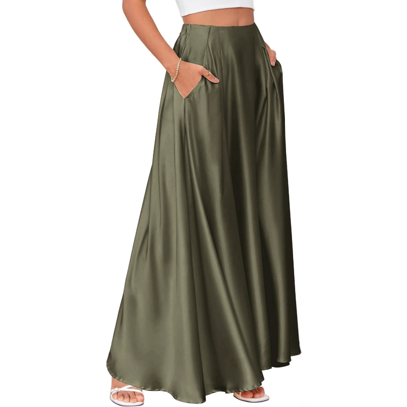 Saténová dlhá sukňa s A-línou, bez vrások, jednobarevný vzor, elegantný štýl, Zima 2025