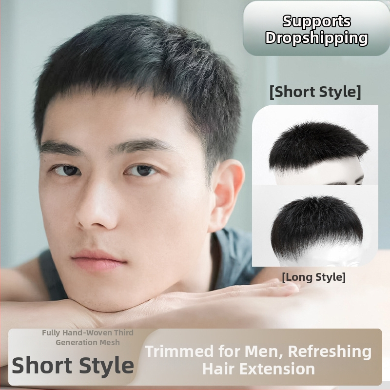 Férfi rövid paróka valódi hajból, kézzel készített, fedés a fej tetején és a hajhullás területén