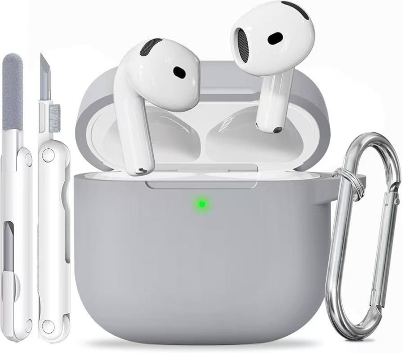 Carcasă protectoare din silicon pentru Apple AirPods cu carabinier integrat și set de pixuri de curățare – gravură, personalizare disponibilă