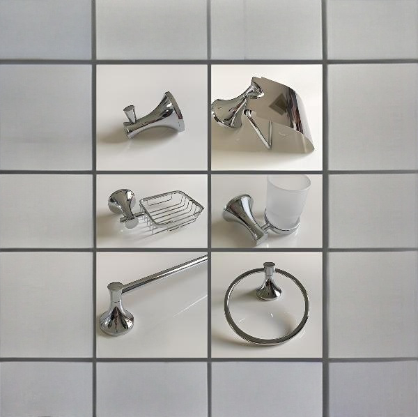 Kupaonski hardver od cinkovog legura, šestdjelni set, kromirana završna obrada, moderni minimalistički stil, Fidic