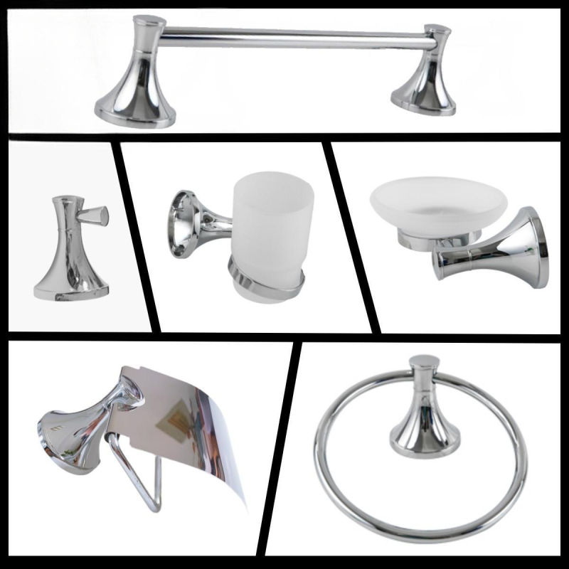Kupaonski hardver od cinkovog legura, šestdjelni set, kromirana završna obrada, moderni minimalistički stil, Fidic