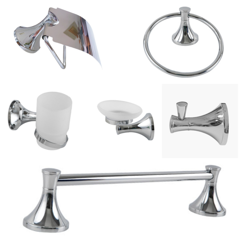 Kupaonski hardver od cinkovog legura, šestdjelni set, kromirana završna obrada, moderni minimalistički stil, Fidic