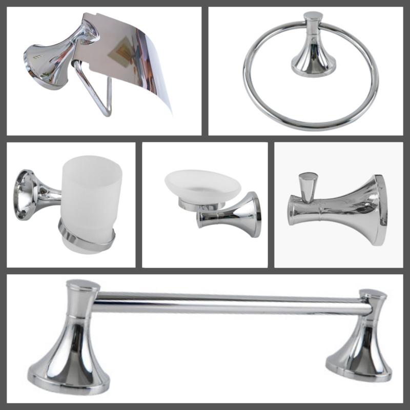 Kupaonski hardver od cinkovog legura, šestdjelni set, kromirana završna obrada, moderni minimalistički stil, Fidic