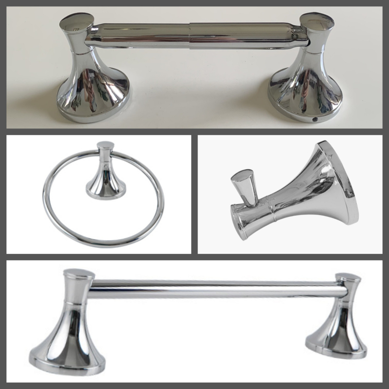 Kupaonski hardver od cinkovog legura, šestdjelni set, kromirana završna obrada, moderni minimalistički stil, Fidic
