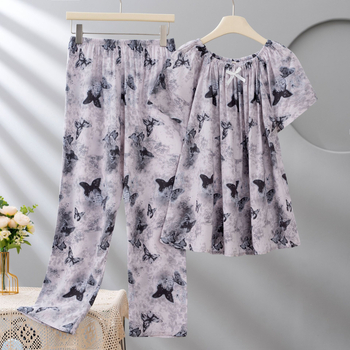 Σετ πιτζάμες από Lyocell για γυναίκες, με στρογγυλή λαιμόκοψη, μανίκια 3/4, μακριά παντελόνια, εκτύπωση, ελαφρύ και διαπνέον.