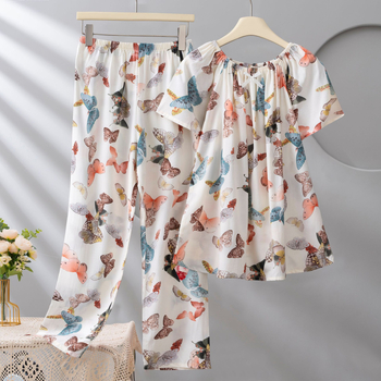 Σετ πιτζάμες από Lyocell για γυναίκες, με στρογγυλή λαιμόκοψη, μανίκια 3/4, μακριά παντελόνια, εκτύπωση, ελαφρύ και διαπνέον.