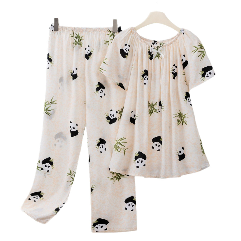 Σετ πιτζάμες από Lyocell για γυναίκες, με στρογγυλή λαιμόκοψη, μανίκια 3/4, μακριά παντελόνια, εκτύπωση, ελαφρύ και διαπνέον.